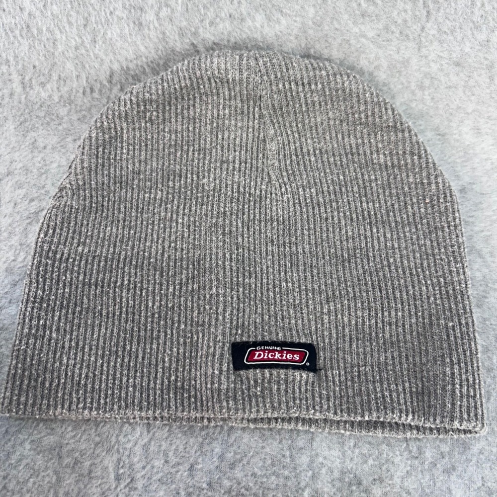 Logo Patch Mens Gray Dickies Beanie Ribbed Knit Workwear OSFM